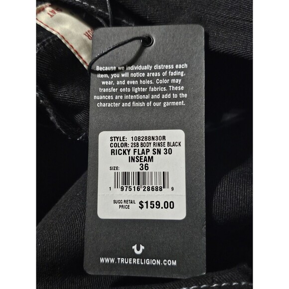 True Religion Mens size 36x30 Ricky Flap SN Relaxed Straight Jeans Black Denim - Picture 11 of 11